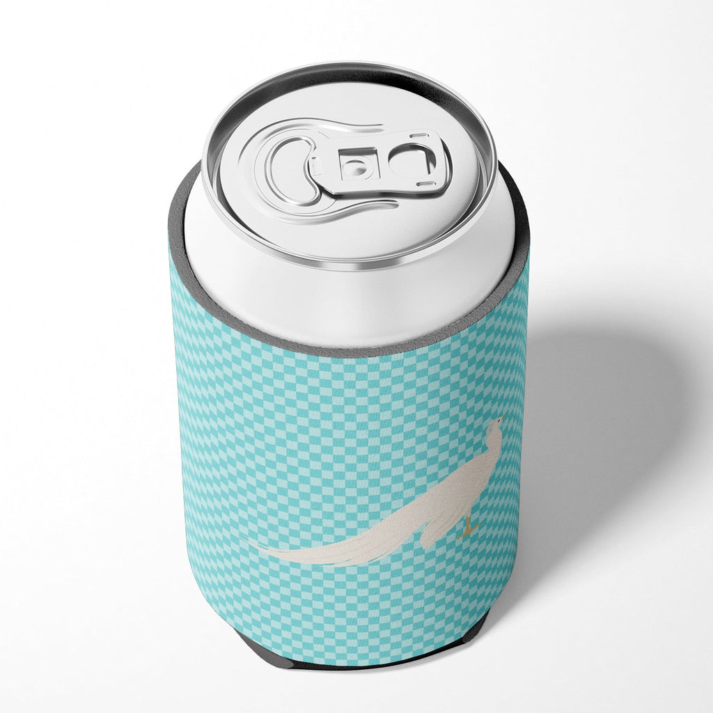 White Peacock Peafowl Blue Check Can or Bottle Hugger Cooler Sleeve for Standard 12 oz Cans, Insulated Foam Beer & Soda Can Hugger Reusable