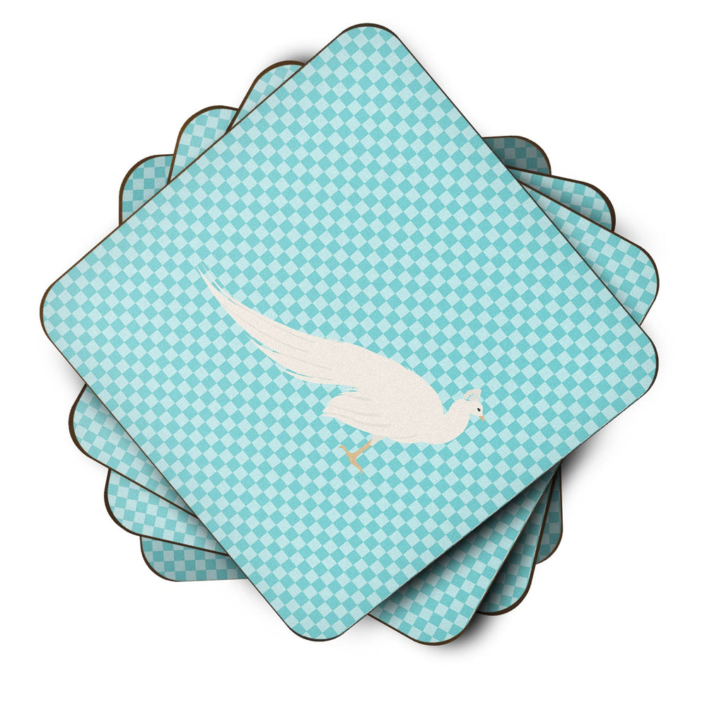 White Peacock Peafowl Blue Check Foam Coasters Set of 4 Cup Coasters for Indoor Outdoor, Tabletop Protection, Anti Slip, Mouse pad Material
