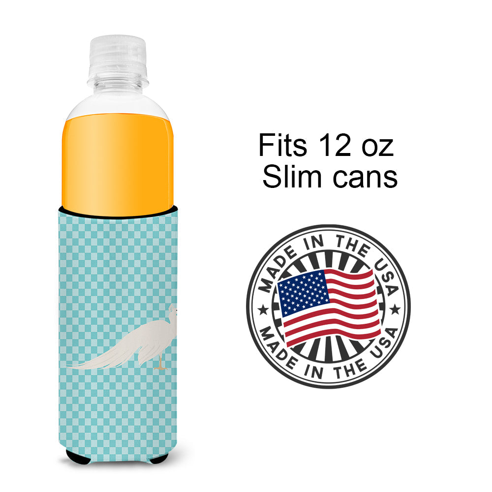 White Peacock Peafowl Blue Check Slim Can Hugger , Insulated Foam Hugger for 12 oz Slim Cans, Beer Bottles & Water Bottles, Printed in USA