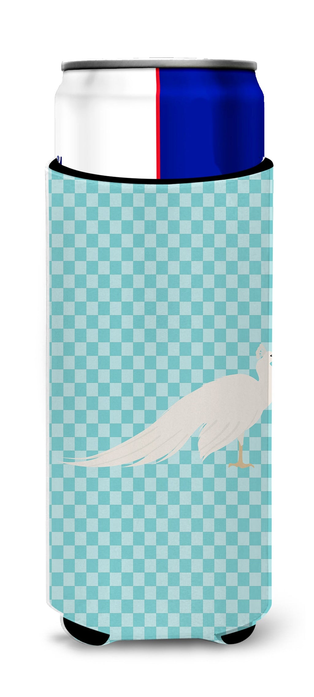 White Peacock Peafowl Blue Check Slim Can Hugger , Insulated Foam Hugger for 12 oz Slim Cans, Beer Bottles & Water Bottles, Printed in USA