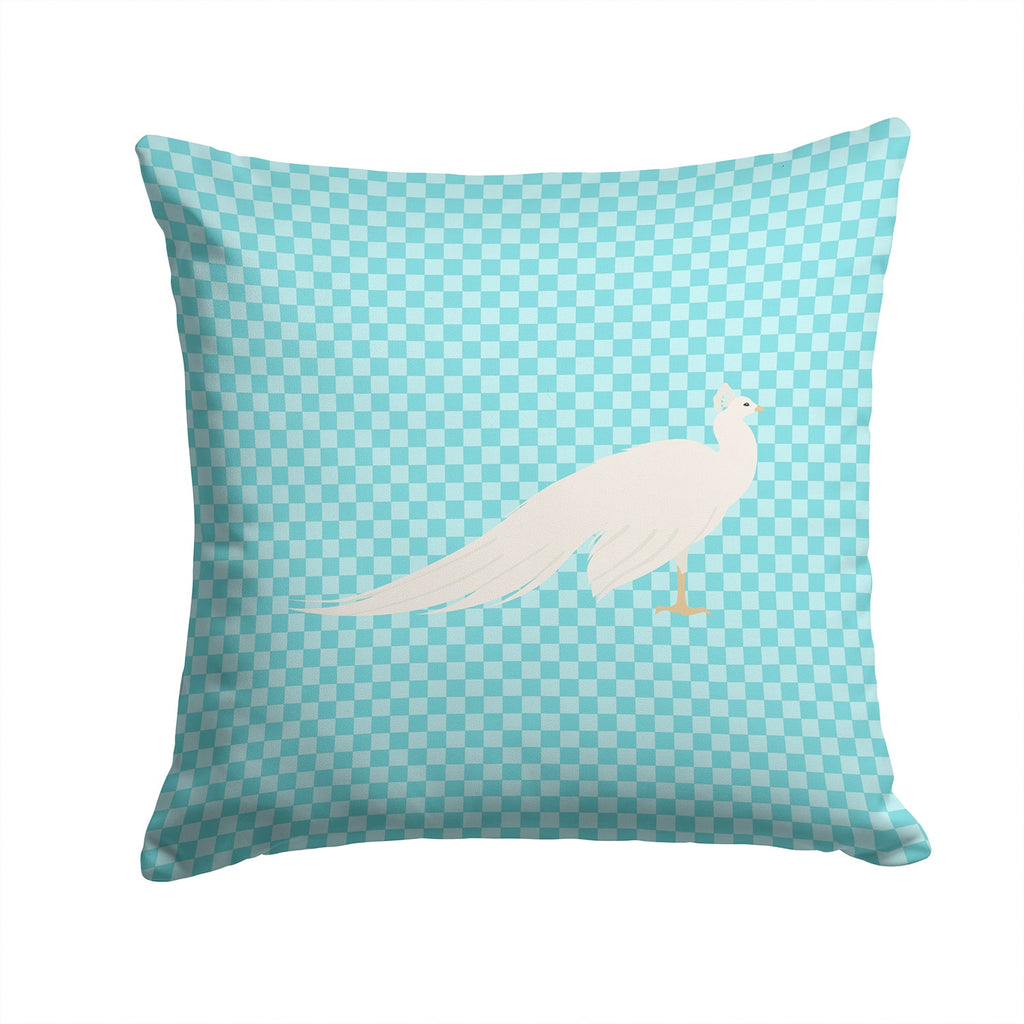 White Peacock Peafowl Blue Check Decorative Throw Pillow 14x14 Indoor Outdoor Accent Cushion, Fabric Cover with Insert for Sofa, Bed, Porch & Living Room