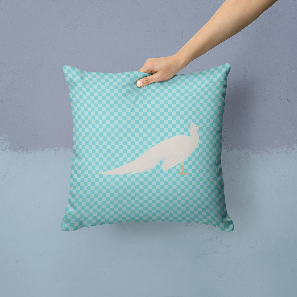 White Peacock Peafowl Blue Check Decorative Throw Pillow 14x14 Indoor Outdoor Accent Cushion, Fabric Cover with Insert for Sofa, Bed, Porch & Living Room