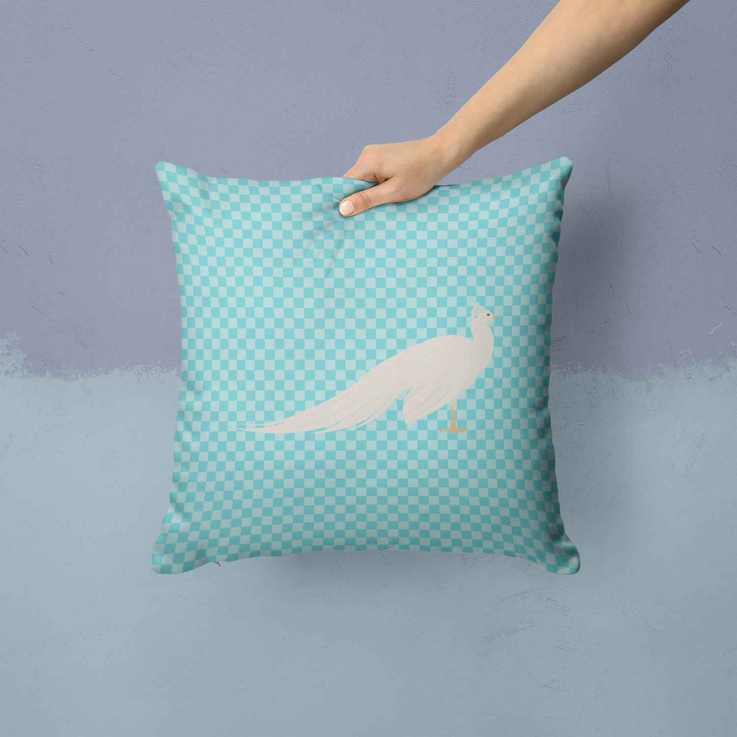 White Peacock Peafowl Blue Check Decorative Throw Pillow 14x14 Indoor Outdoor Accent Cushion, Fabric Cover with Insert for Sofa, Bed, Porch & Living Room