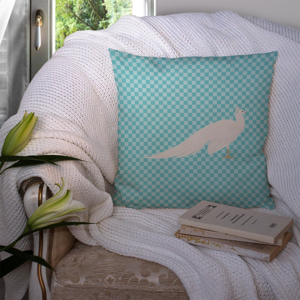 White Peacock Peafowl Blue Check Decorative Throw Pillow 14x14 Indoor Outdoor Accent Cushion, Fabric Cover with Insert for Sofa, Bed, Porch & Living Room