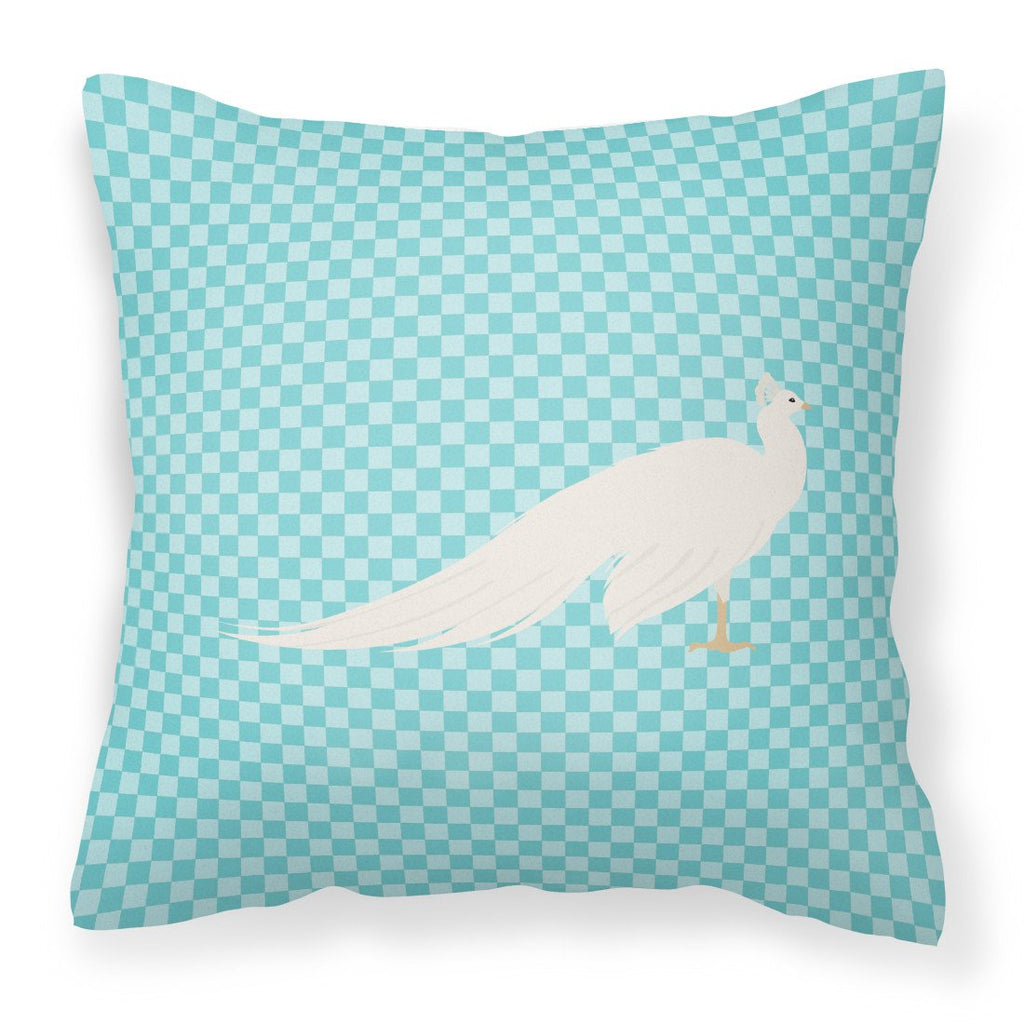 White Peacock Peafowl Blue Check Decorative Throw Pillow 18x18 Indoor Outdoor Accent Cushion, Fabric Cover with Insert for Sofa, Bed, Porch & Living Room