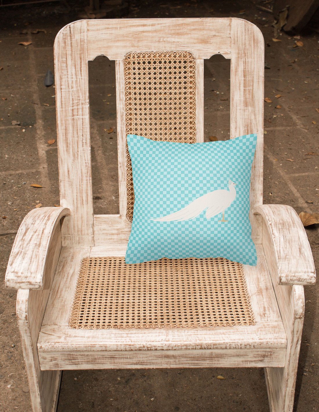 White Peacock Peafowl Blue Check Decorative Throw Pillow 18x18 Indoor Outdoor Accent Cushion, Fabric Cover with Insert for Sofa, Bed, Porch & Living Room