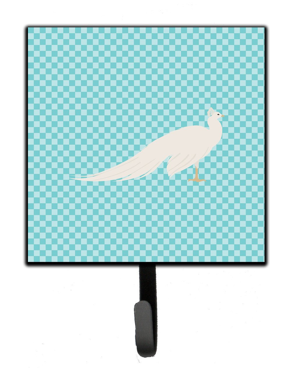 White Peacock Peafowl Blue Check Leash or Key Holder Wall Hooks, Key Hooks Holder, Coat Rack Wall Mount, Coat Hooks, Hooks for Hanging Keys, Towels, Aprons, Leashes