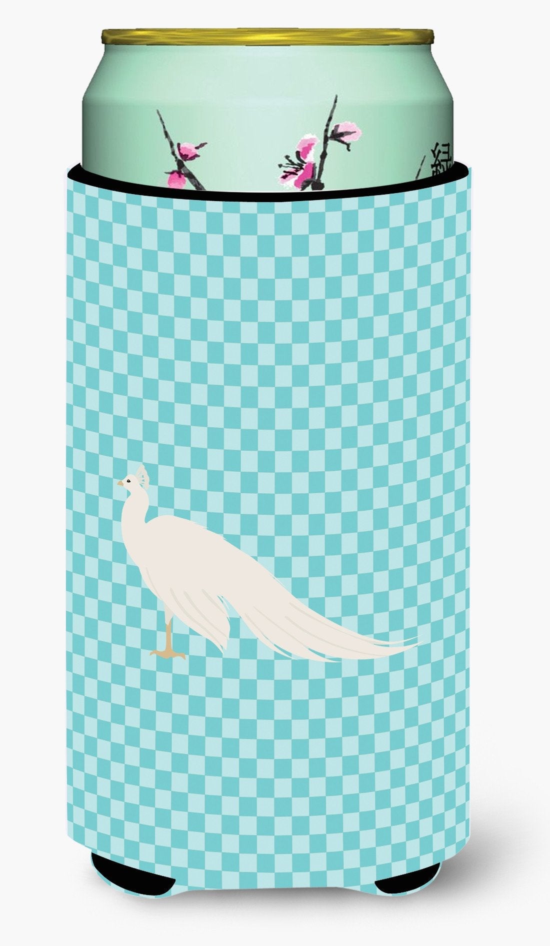 White Peacock Peafowl Blue Check Tall Boy Hugger Can Cooler Sleeve Machine Washable Drink Collapsible Insulator Beverage Insulated Holder