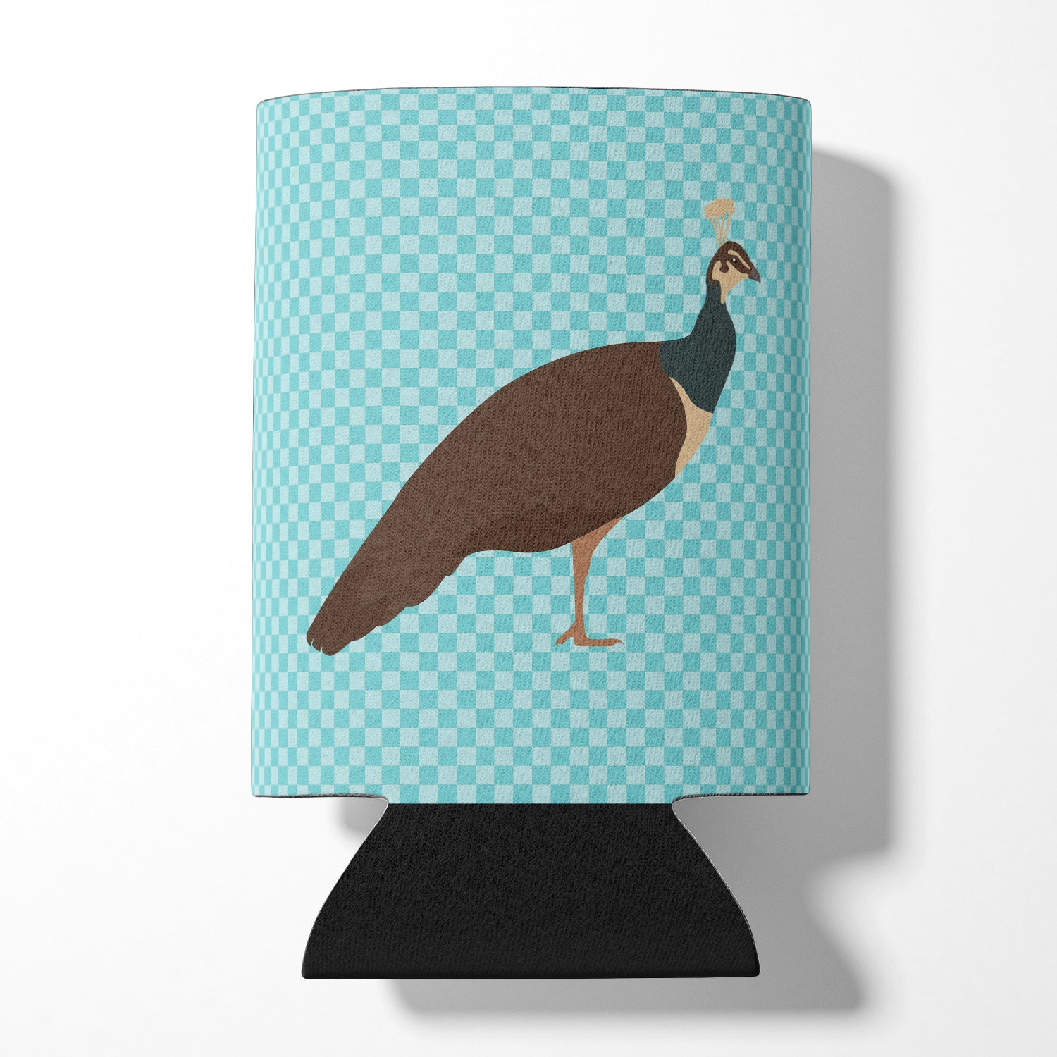 Indian Peahen Peafowl Blue Check Can or Bottle Hugger Cooler Sleeve for Standard 12 oz Cans, Insulated Foam Beer & Soda Can Hugger Reusable