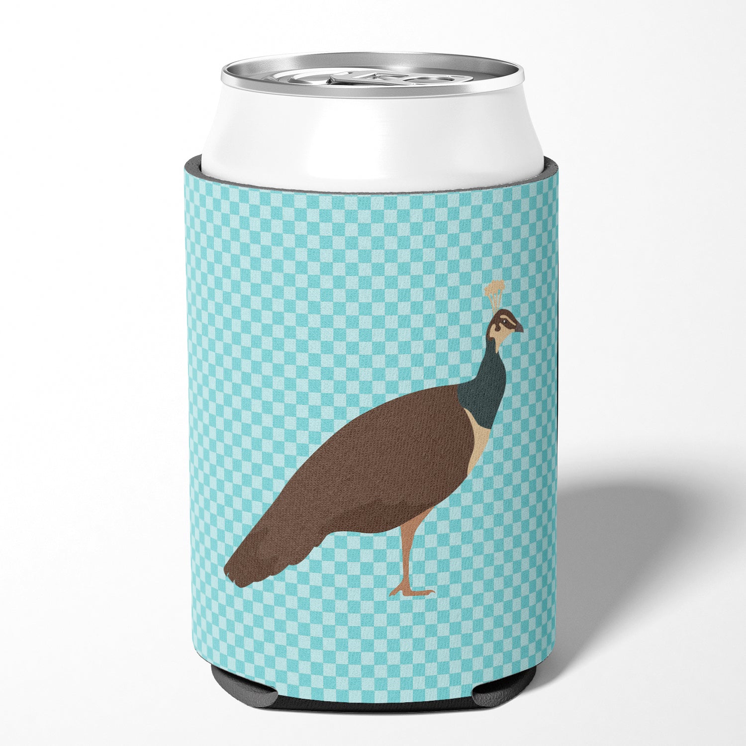 Indian Peahen Peafowl Blue Check Can or Bottle Hugger Cooler Sleeve for Standard 12 oz Cans, Insulated Foam Beer & Soda Can Hugger Reusable