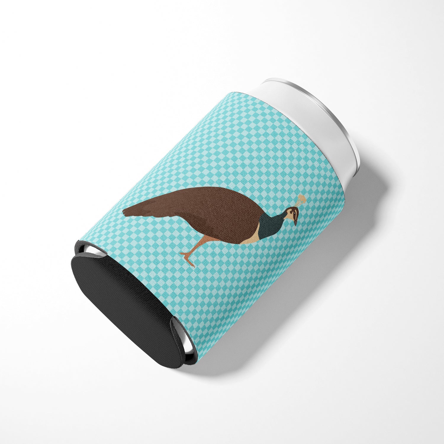 Indian Peahen Peafowl Blue Check Can or Bottle Hugger Cooler Sleeve for Standard 12 oz Cans, Insulated Foam Beer & Soda Can Hugger Reusable