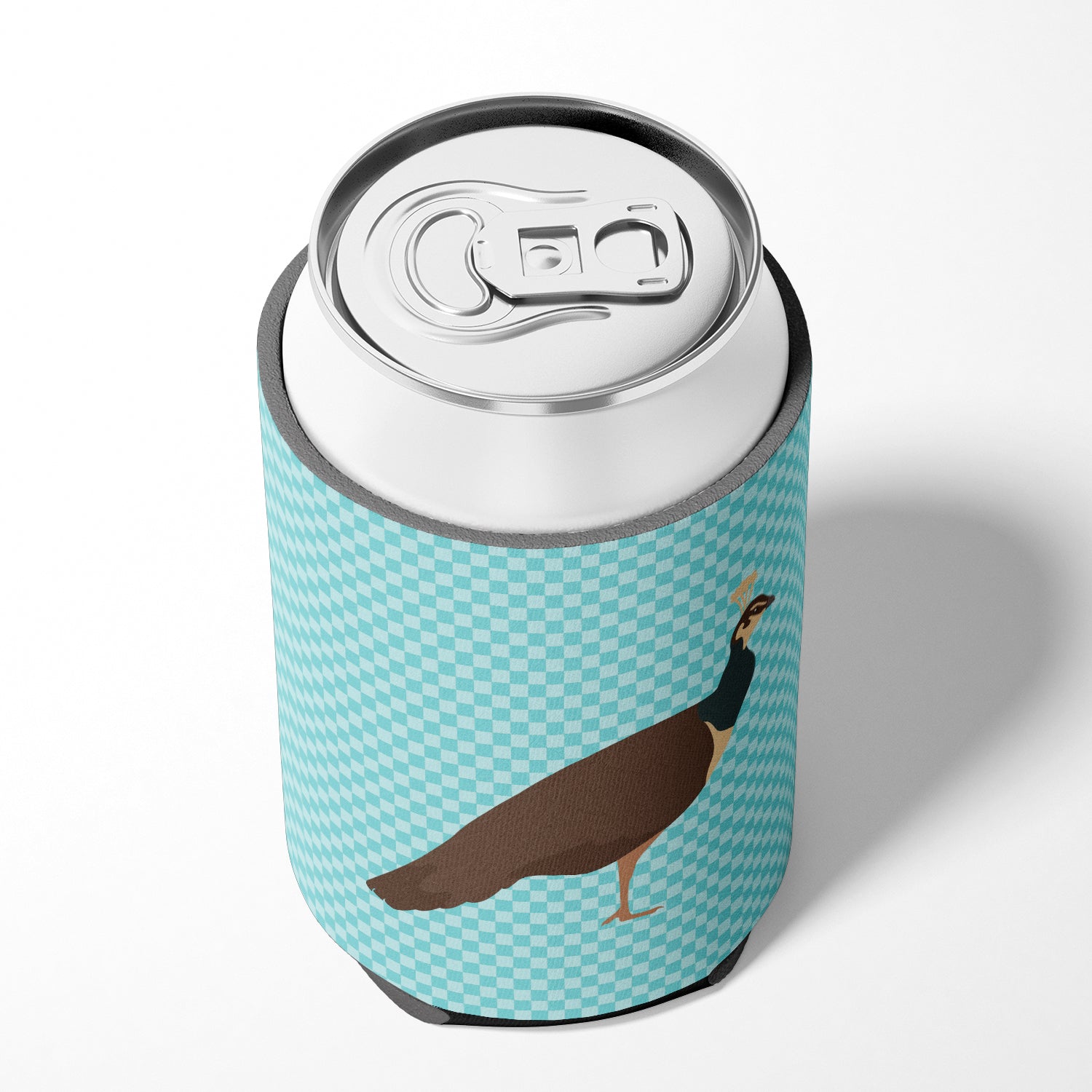 Indian Peahen Peafowl Blue Check Can or Bottle Hugger Cooler Sleeve for Standard 12 oz Cans, Insulated Foam Beer & Soda Can Hugger Reusable
