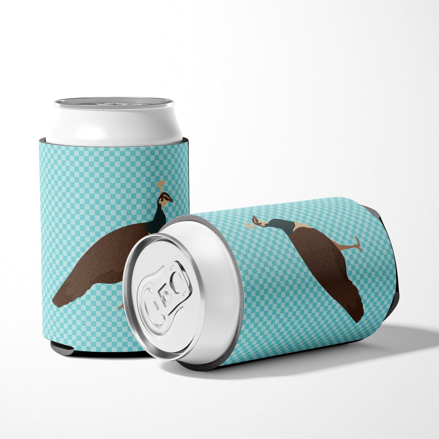 Indian Peahen Peafowl Blue Check Can or Bottle Hugger Cooler Sleeve for Standard 12 oz Cans, Insulated Foam Beer & Soda Can Hugger Reusable