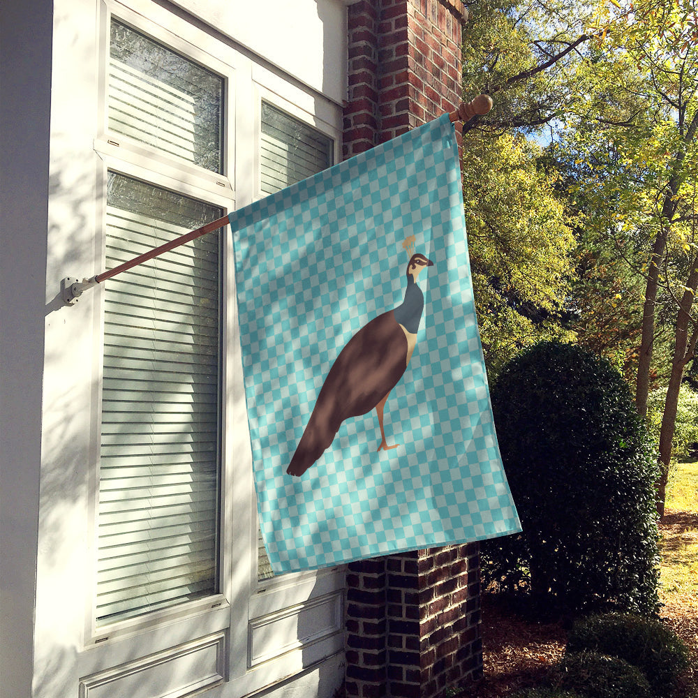 Indian Peahen Peafowl Blue Check House Flag 28x40 Porch Sleeve Pole Decorative Outside Yard Banner Artwork Wall Hanging, Polyester