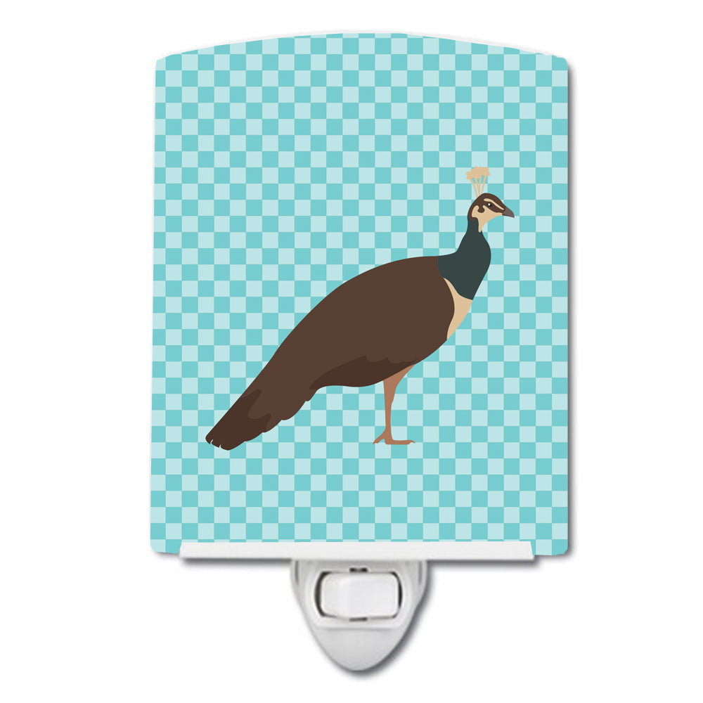 Indian Peahen Peafowl Blue Check Ceramic Night Light Compact, UL-Certified, Ideal for Bedroom, Bathroom, Nursery, Hallway, Kitchen, 6x4x3, Multicolor