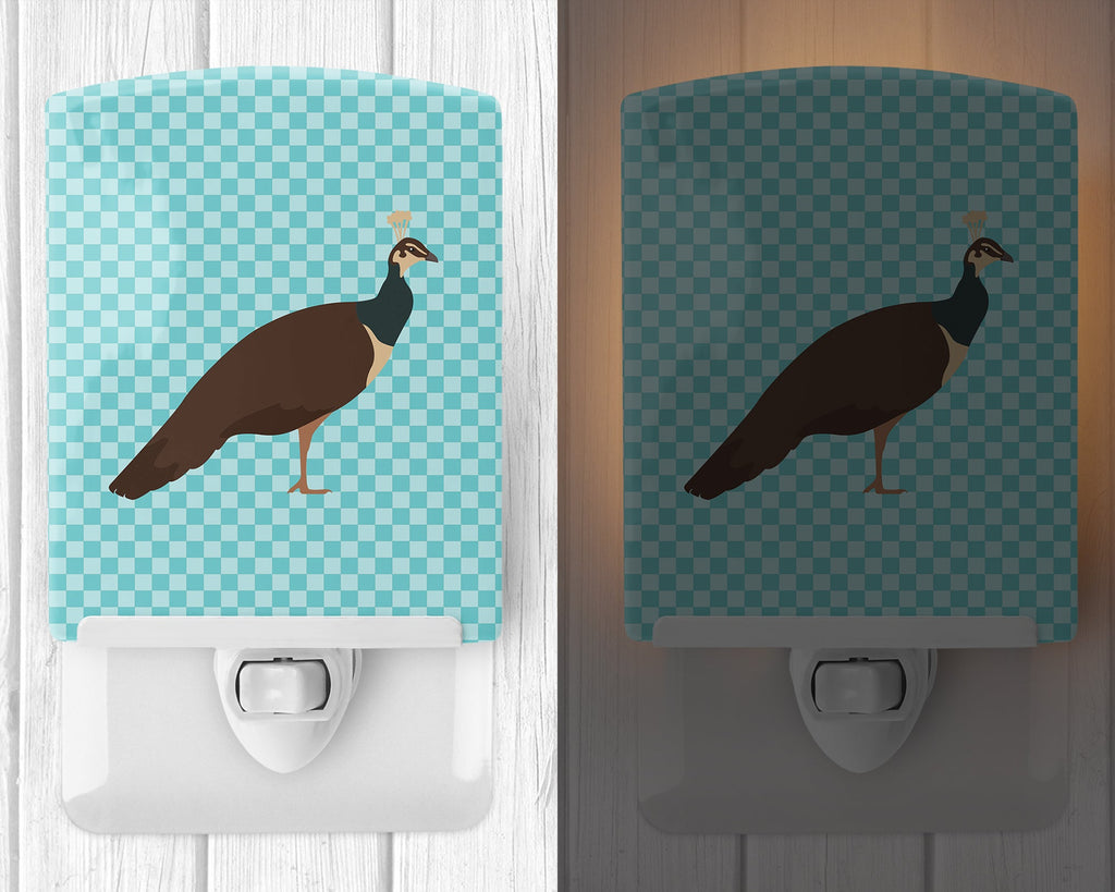 Indian Peahen Peafowl Blue Check Ceramic Night Light Compact, UL-Certified, Ideal for Bedroom, Bathroom, Nursery, Hallway, Kitchen, 6x4x3, Multicolor