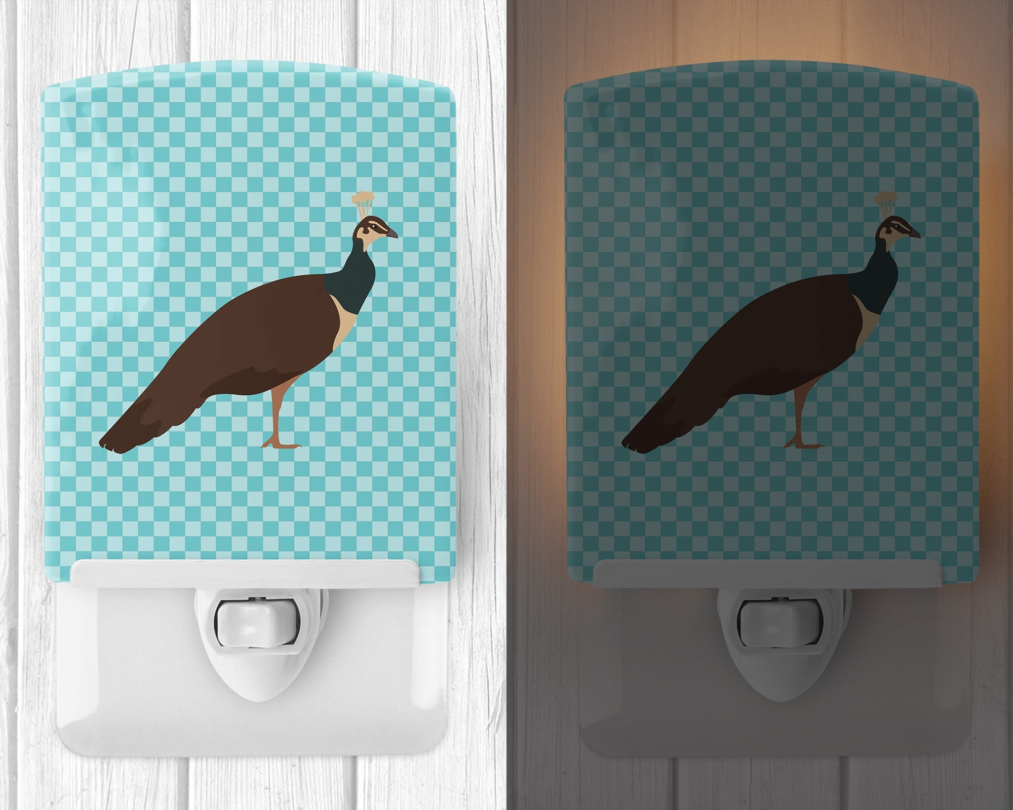 Indian Peahen Peafowl Blue Check Ceramic Night Light Compact, UL-Certified, Ideal for Bedroom, Bathroom, Nursery, Hallway, Kitchen, 6x4x3, Multicolor