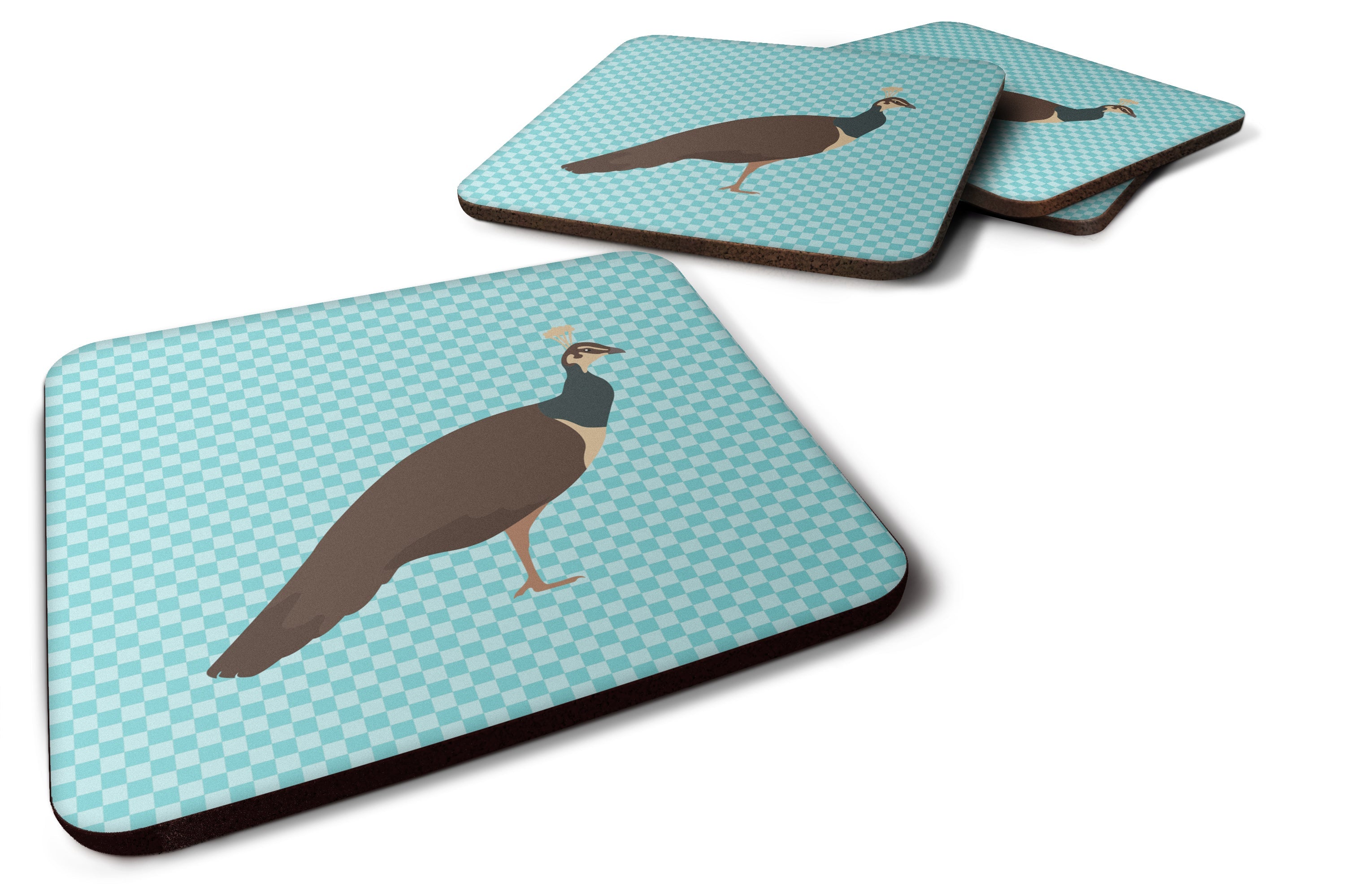Indian Peahen Peafowl Blue Check Foam Coasters Set of 4 Cup Coasters for Indoor Outdoor, Tabletop Protection, Anti Slip, Mouse pad Material