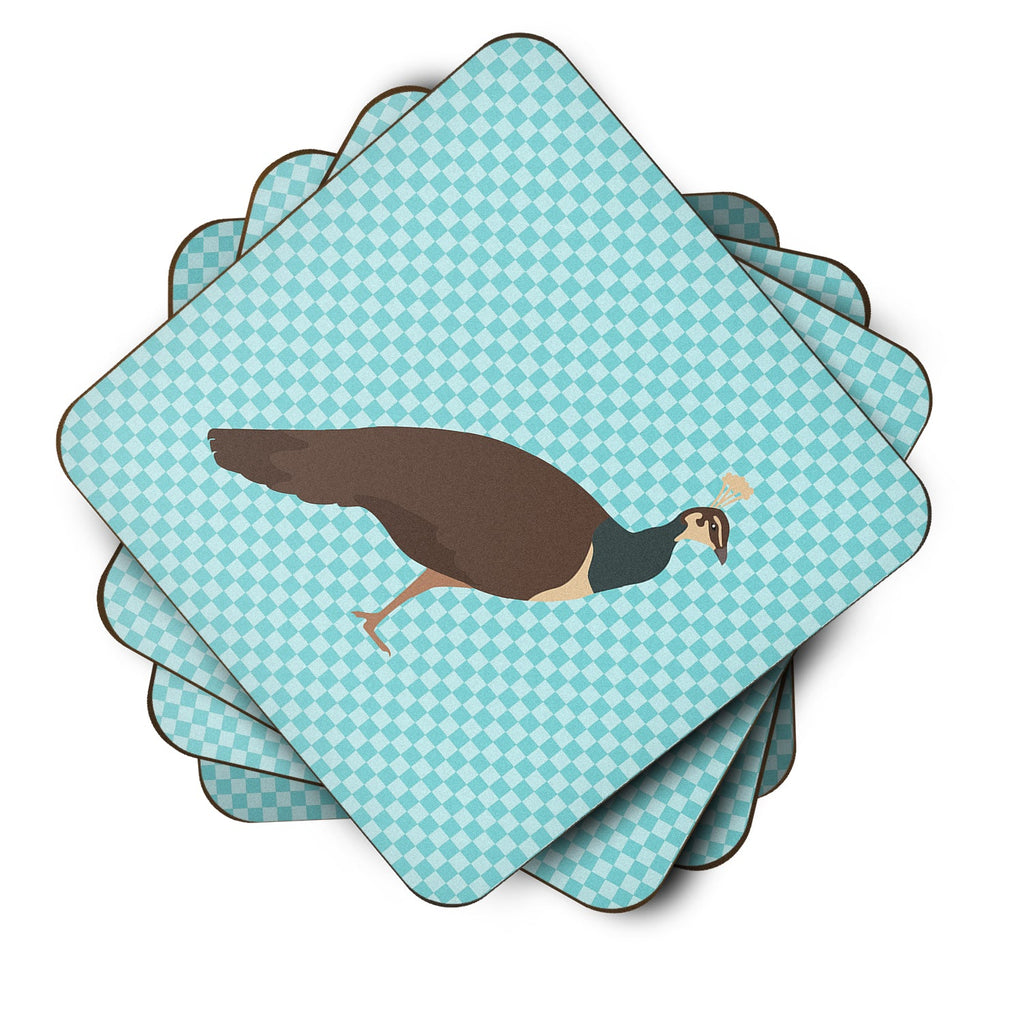 Indian Peahen Peafowl Blue Check Foam Coasters Set of 4 Cup Coasters for Indoor Outdoor, Tabletop Protection, Anti Slip, Mouse pad Material