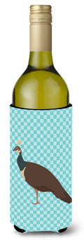 Indian Peahen Peafowl Blue Check Wine Bottle Hugger Gift Sleeve for Standard 750 ml Bottles, Insulated Reusable Also Fits Mini Shot & Pint Bottles