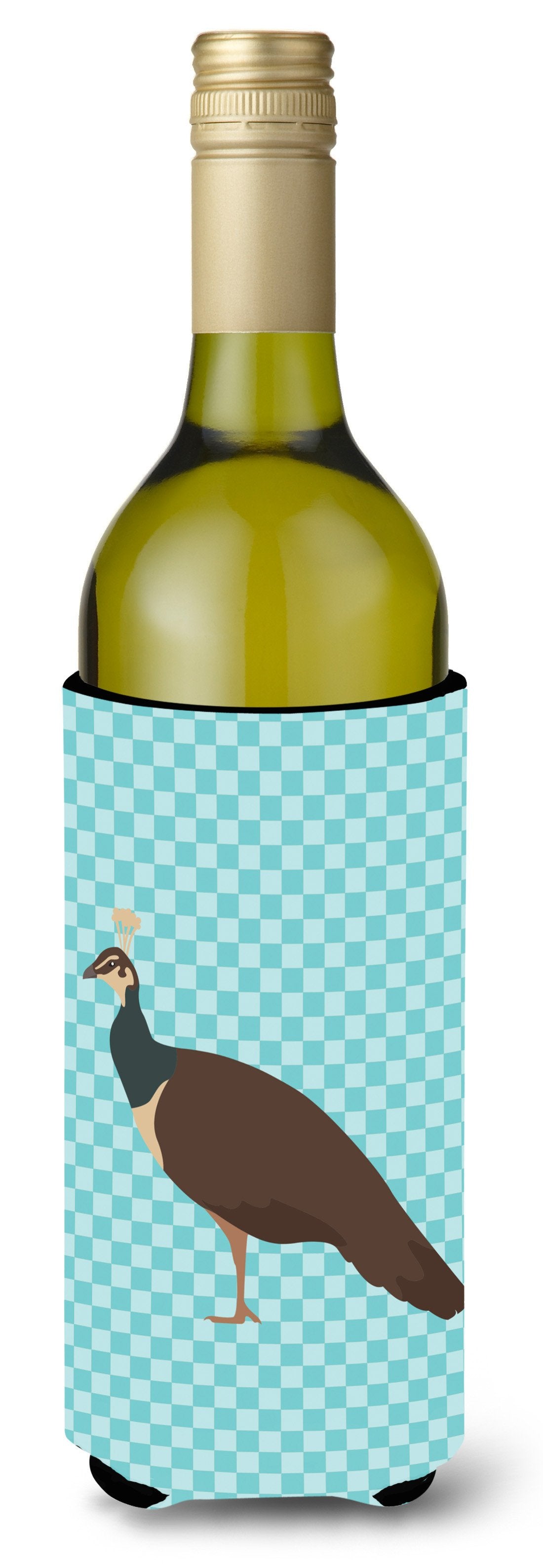 Indian Peahen Peafowl Blue Check Wine Bottle Hugger Gift Sleeve for Standard 750 ml Bottles, Insulated Reusable Also Fits Mini Shot & Pint Bottles