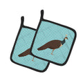 Indian Peahen Peafowl Blue Check Pot Holder Set of 2 Heat Resistant Quilted Hot Pads 7.5 x 7.5 Inch, Insulated Kitchen Trivets for Cooking & Baking