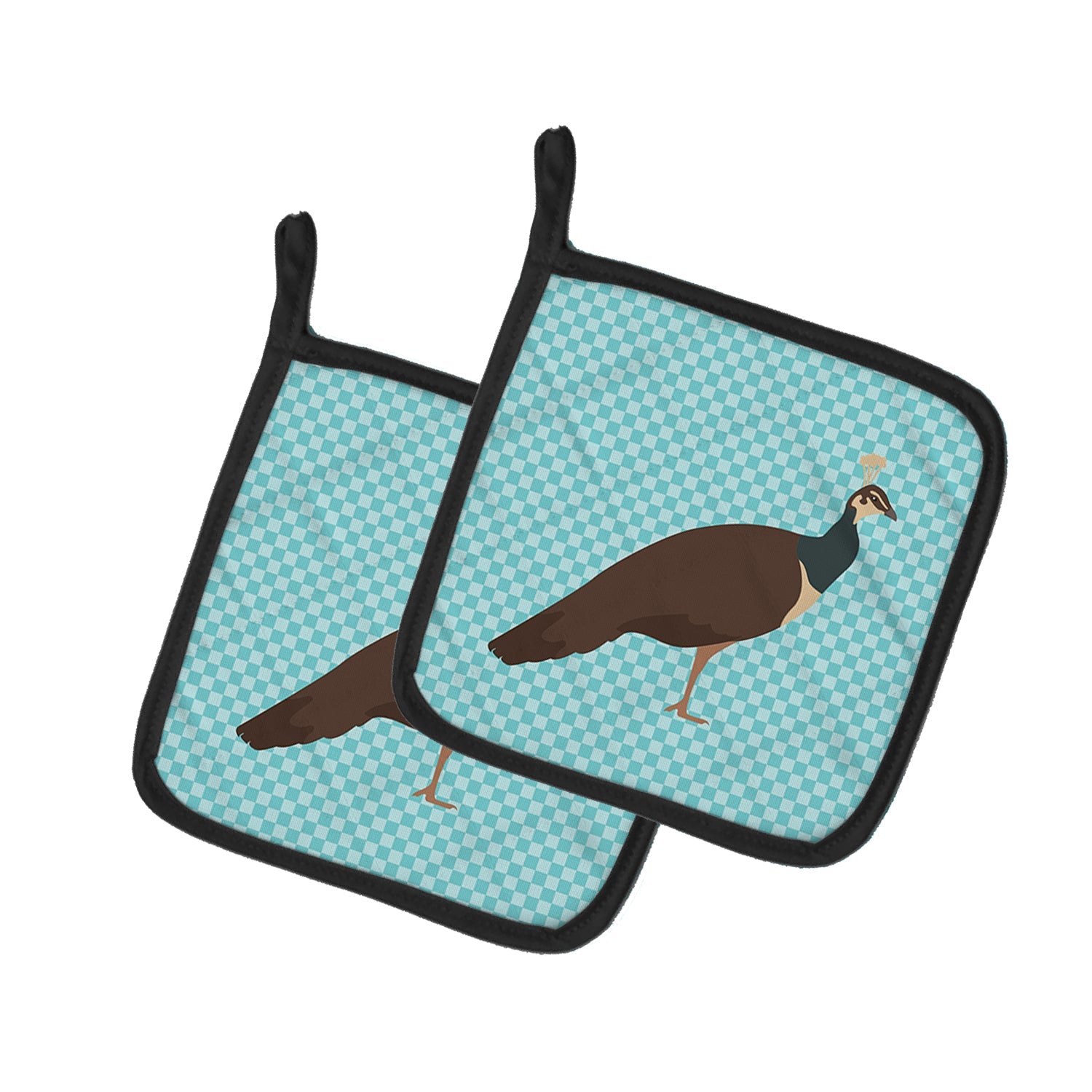 Indian Peahen Peafowl Blue Check Pot Holder Set of 2 Heat Resistant Quilted Hot Pads 7.5 x 7.5 Inch, Insulated Kitchen Trivets for Cooking & Baking