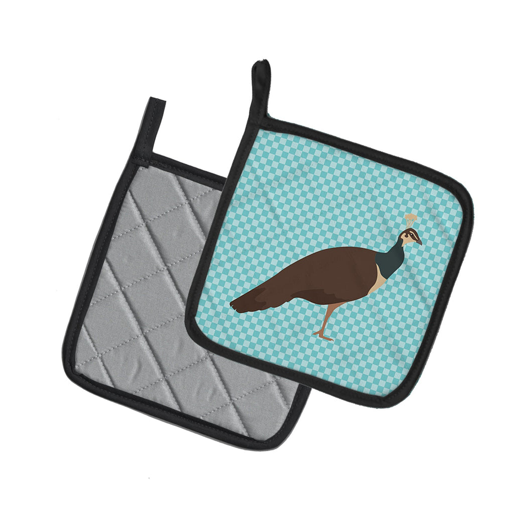 Indian Peahen Peafowl Blue Check Pot Holder Set of 2 Heat Resistant Quilted Hot Pads 7.5 x 7.5 Inch, Insulated Kitchen Trivets for Cooking & Baking