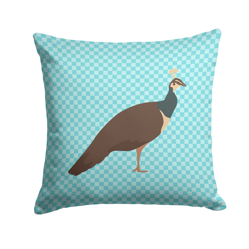Indian Peahen Peafowl Blue Check Decorative Throw Pillow 14x14 Indoor Outdoor Accent Cushion, Fabric Cover with Insert for Sofa, Bed, Porch & Living Room