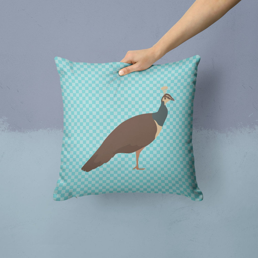 Indian Peahen Peafowl Blue Check Decorative Throw Pillow 14x14 Indoor Outdoor Accent Cushion, Fabric Cover with Insert for Sofa, Bed, Porch & Living Room