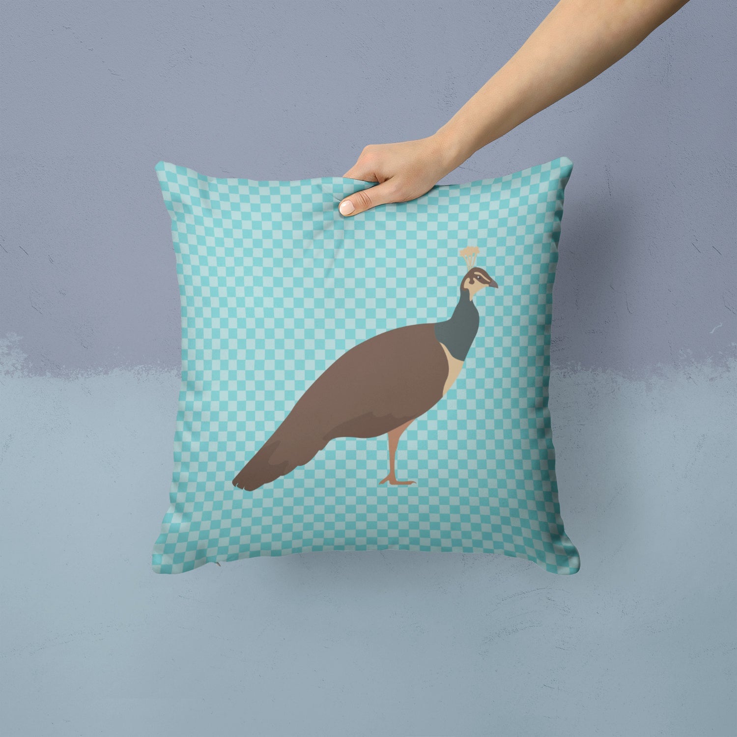 Indian Peahen Peafowl Blue Check Decorative Throw Pillow 14x14 Indoor Outdoor Accent Cushion, Fabric Cover with Insert for Sofa, Bed, Porch & Living Room