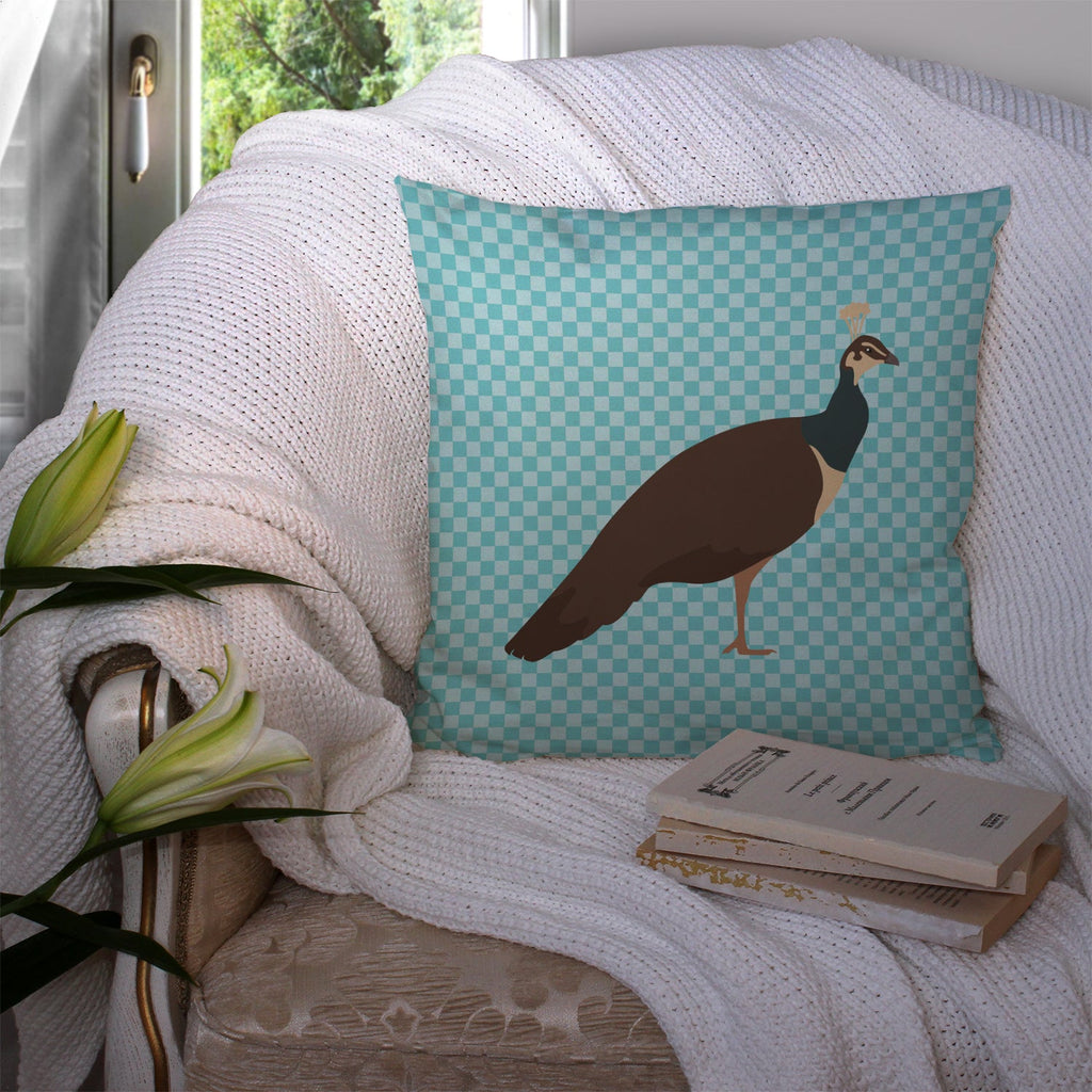 Indian Peahen Peafowl Blue Check Decorative Throw Pillow 14x14 Indoor Outdoor Accent Cushion, Fabric Cover with Insert for Sofa, Bed, Porch & Living Room