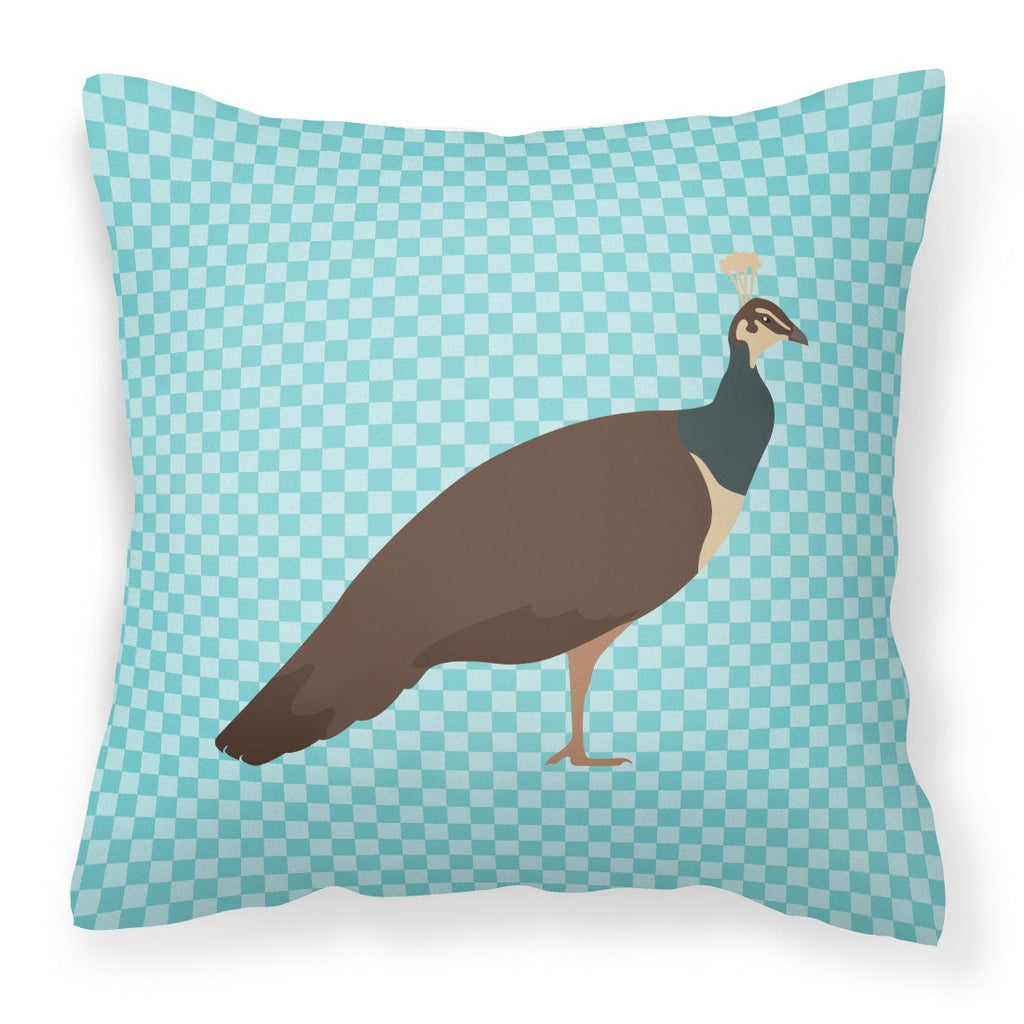Indian Peahen Peafowl Blue Check Decorative Throw Pillow 18x18 Indoor Outdoor Accent Cushion, Fabric Cover with Insert for Sofa, Bed, Porch & Living Room
