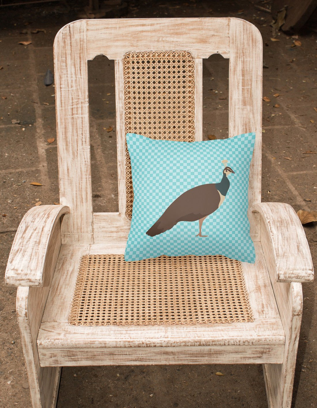 Indian Peahen Peafowl Blue Check Decorative Throw Pillow 18x18 Indoor Outdoor Accent Cushion, Fabric Cover with Insert for Sofa, Bed, Porch & Living Room