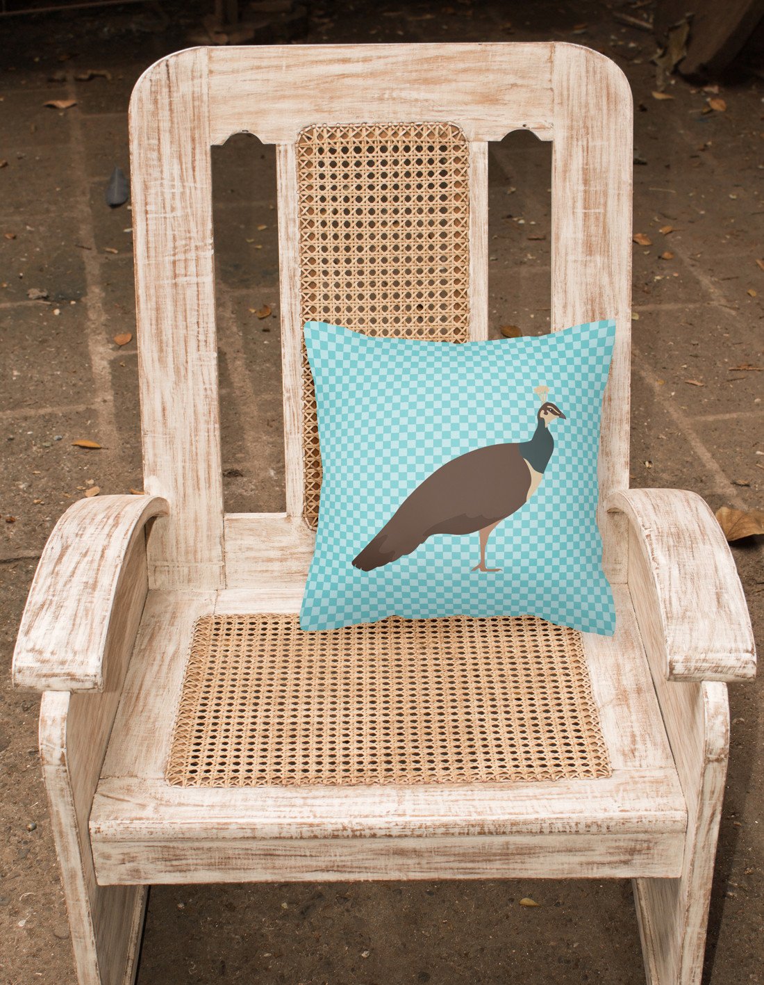 Indian Peahen Peafowl Blue Check Decorative Throw Pillow 18x18 Indoor Outdoor Accent Cushion, Fabric Cover with Insert for Sofa, Bed, Porch & Living Room