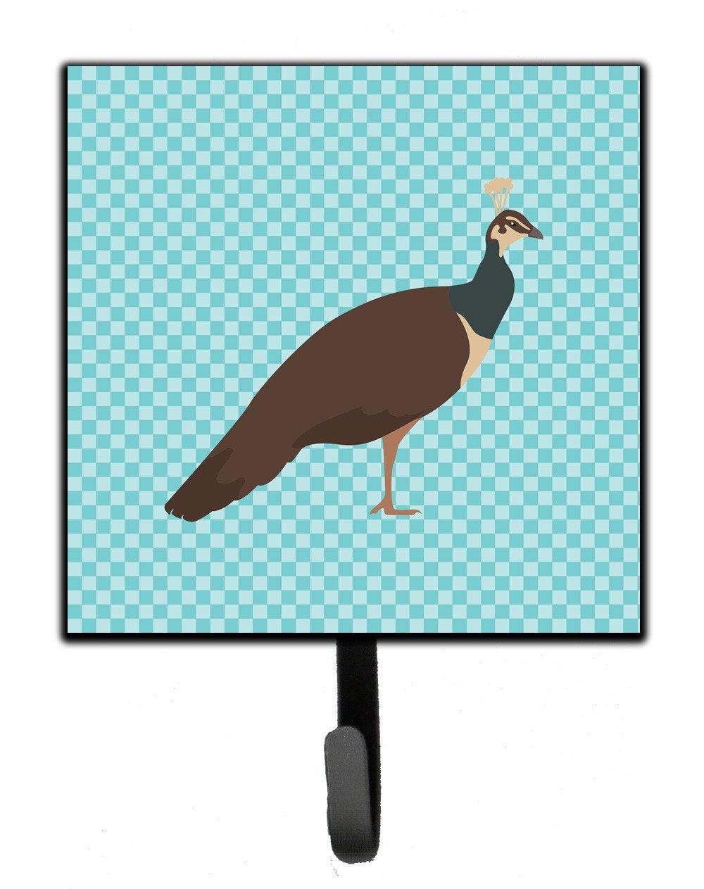 Indian Peahen Peafowl Blue Check Leash or Key Holder Wall Hooks, Key Hooks Holder, Coat Rack Wall Mount, Coat Hooks, Hooks for Hanging Keys, Towels, Aprons, Leashes
