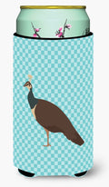 Indian Peahen Peafowl Blue Check Tall Boy Hugger Can Cooler Sleeve Machine Washable Drink Collapsible Insulator Beverage Insulated Holder