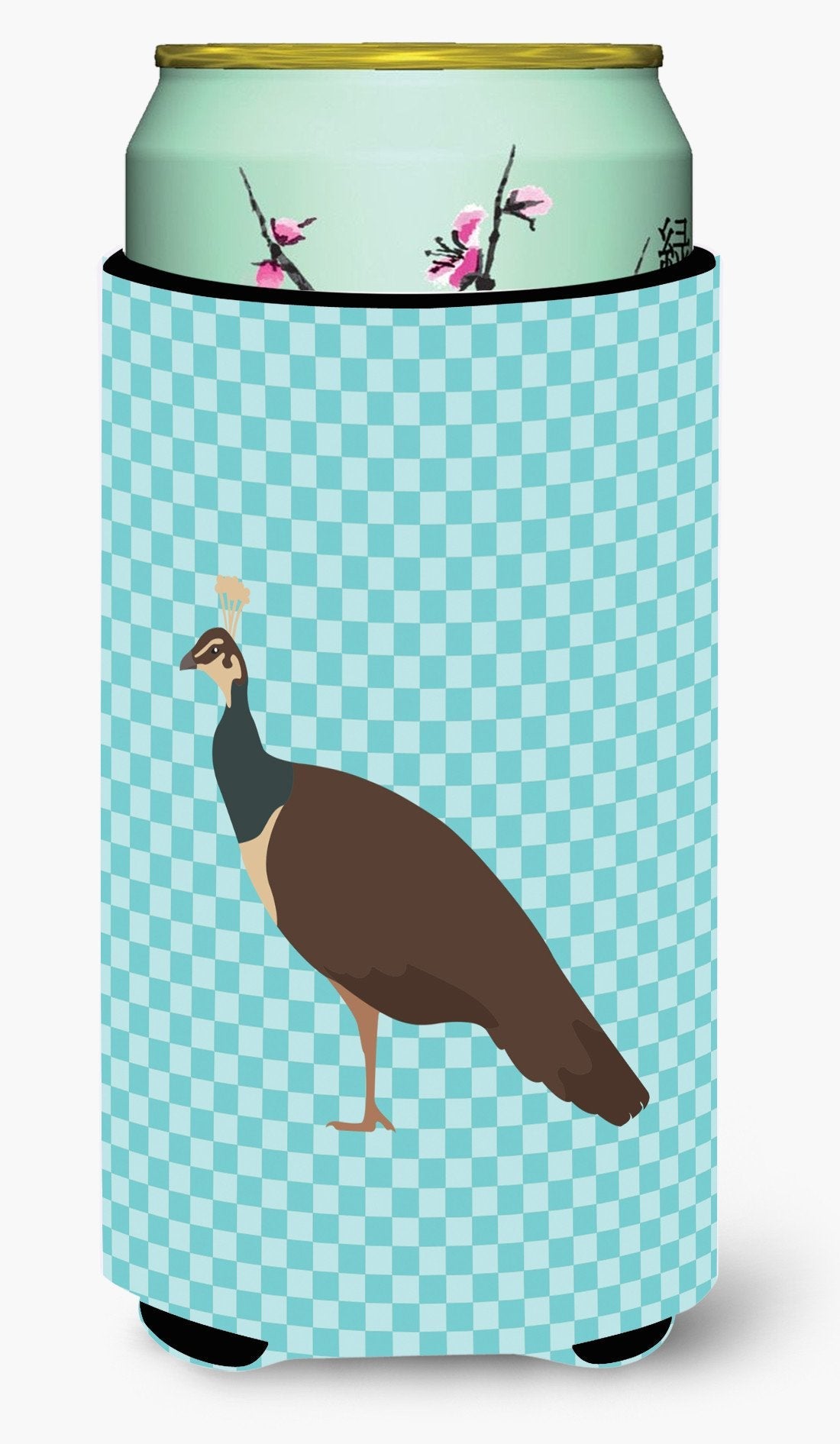 Indian Peahen Peafowl Blue Check Tall Boy Hugger Can Cooler Sleeve Machine Washable Drink Collapsible Insulator Beverage Insulated Holder