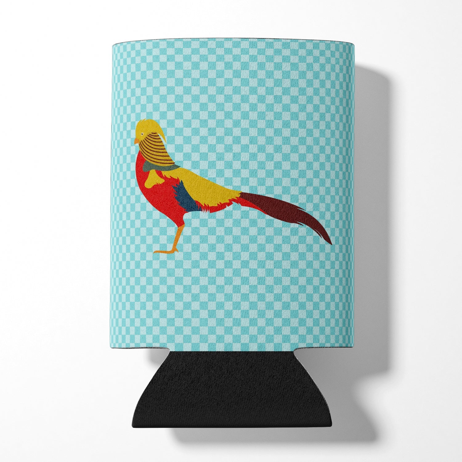 Golden or Chinese Pheasant Blue Check Can or Bottle Hugger Cooler Sleeve for Standard 12 oz Cans, Insulated Foam Beer & Soda Can Hugger Reusable