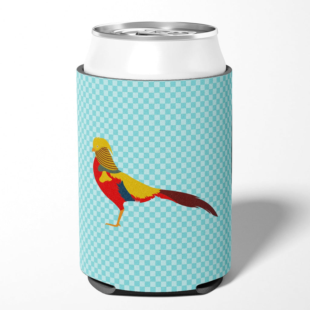 Golden or Chinese Pheasant Blue Check Can or Bottle Hugger Cooler Sleeve for Standard 12 oz Cans, Insulated Foam Beer & Soda Can Hugger Reusable