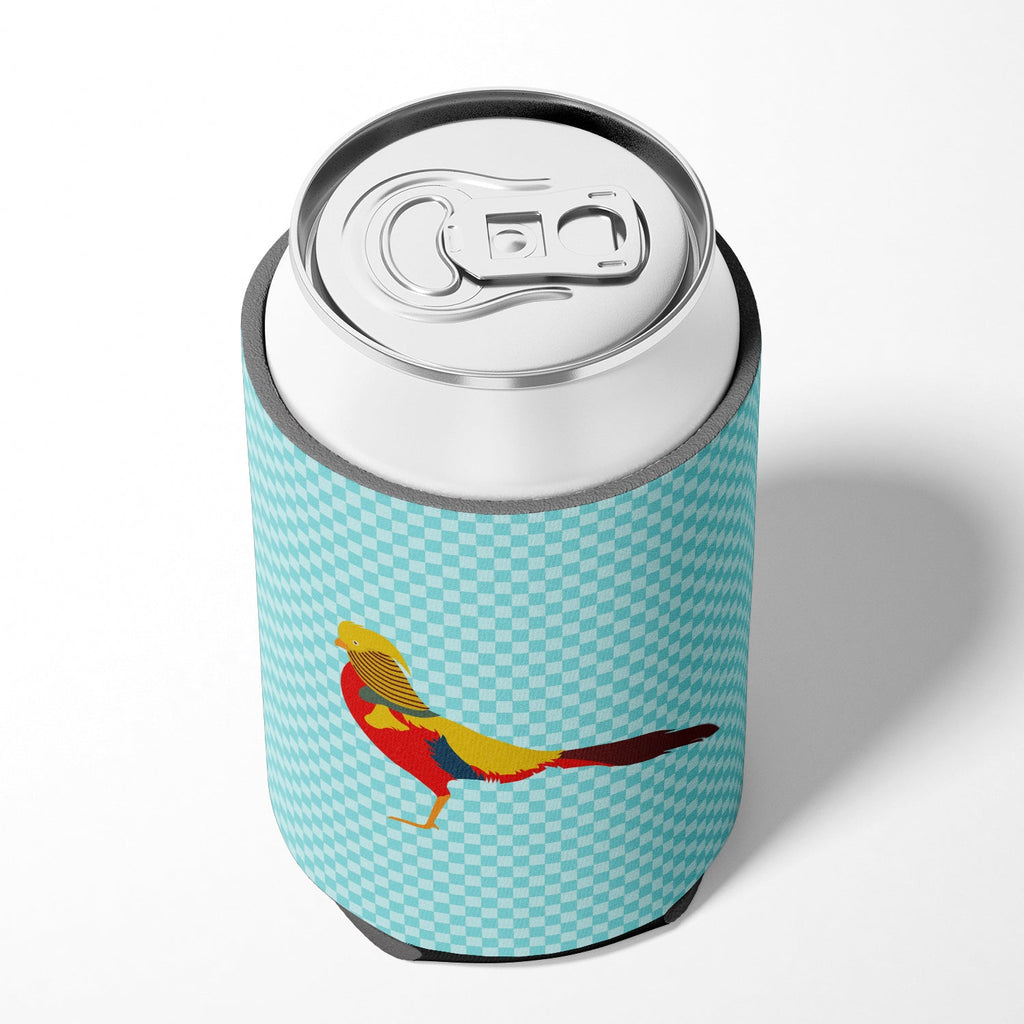 Golden or Chinese Pheasant Blue Check Can or Bottle Hugger Cooler Sleeve for Standard 12 oz Cans, Insulated Foam Beer & Soda Can Hugger Reusable