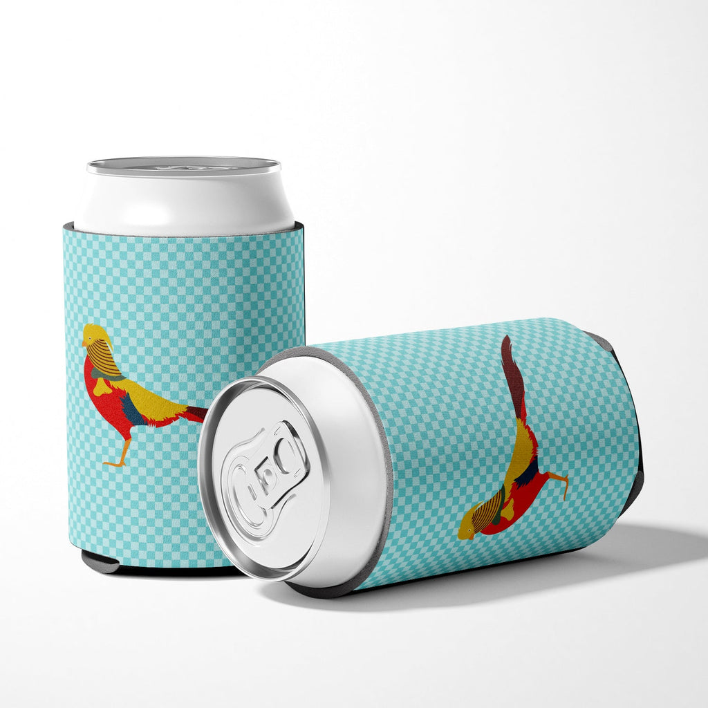 Golden or Chinese Pheasant Blue Check Can or Bottle Hugger Cooler Sleeve for Standard 12 oz Cans, Insulated Foam Beer & Soda Can Hugger Reusable