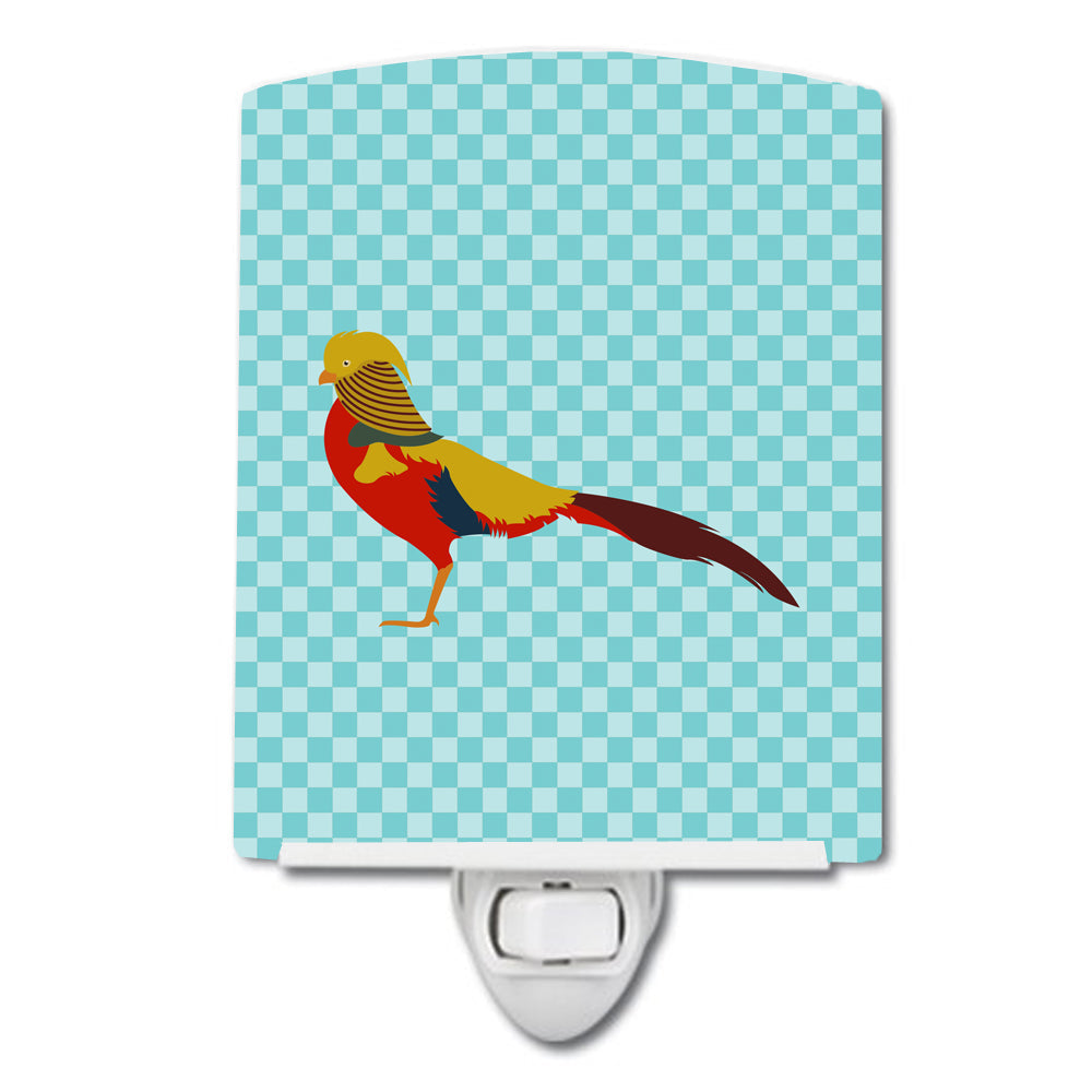 Golden or Chinese Pheasant Blue Check Ceramic Night Light Compact, UL-Certified, Ideal for Bedroom, Bathroom, Nursery, Hallway, Kitchen, 6x4x3, Multicolor