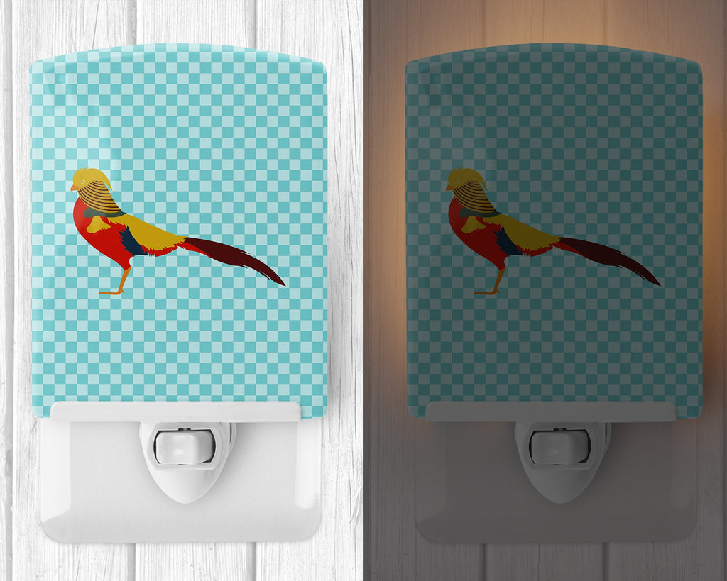 Golden or Chinese Pheasant Blue Check Ceramic Night Light Compact, UL-Certified, Ideal for Bedroom, Bathroom, Nursery, Hallway, Kitchen, 6x4x3, Multicolor