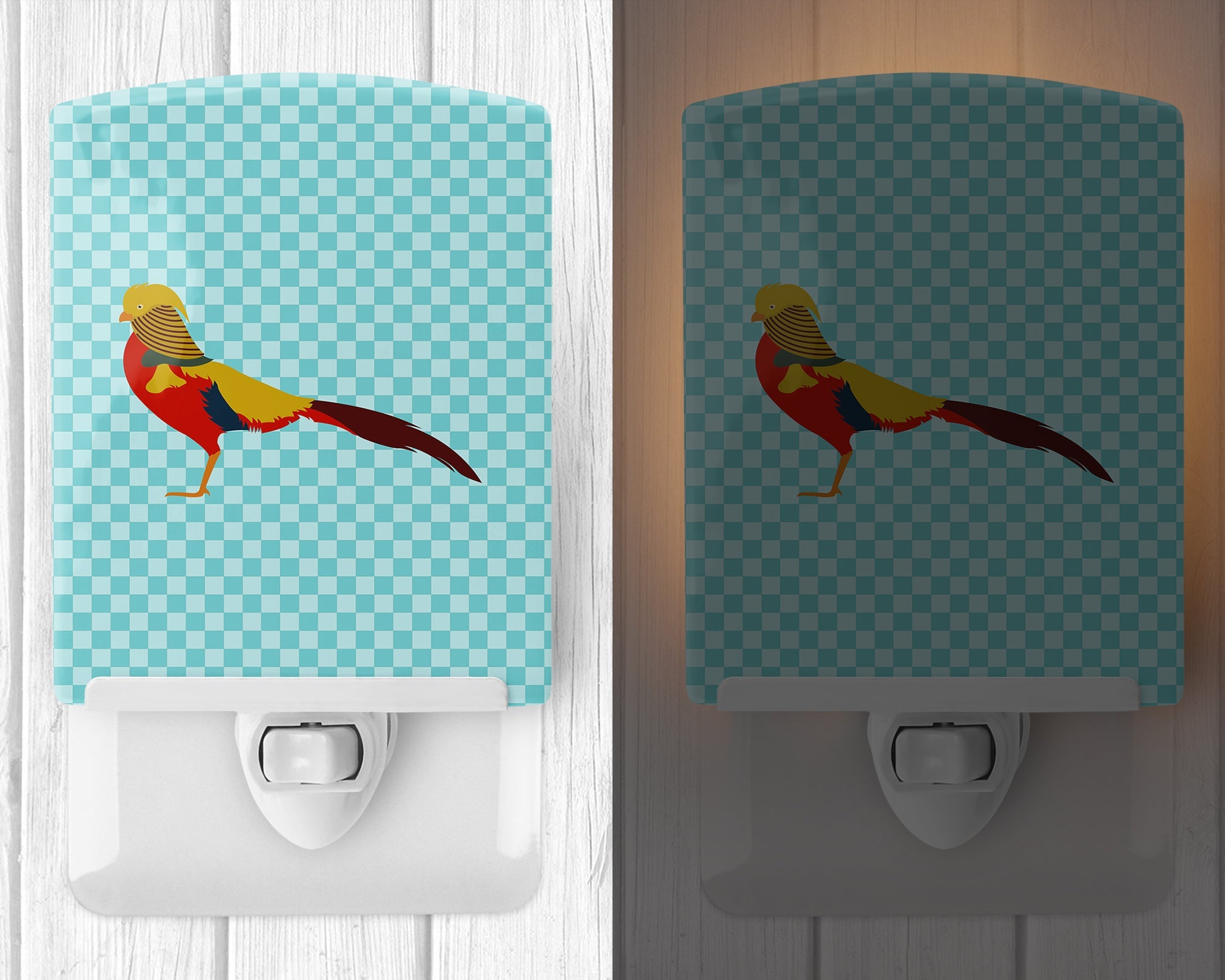 Golden or Chinese Pheasant Blue Check Ceramic Night Light Compact, UL-Certified, Ideal for Bedroom, Bathroom, Nursery, Hallway, Kitchen, 6x4x3, Multicolor