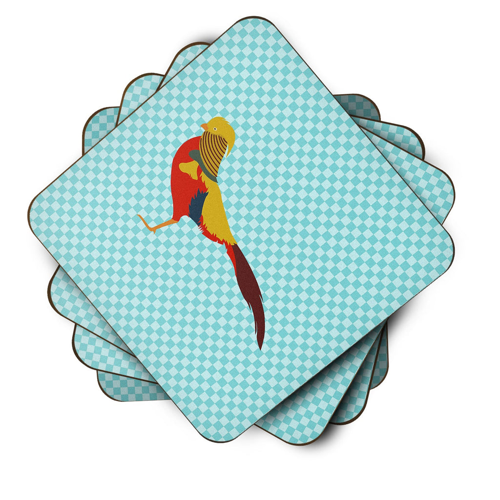 Golden or Chinese Pheasant Blue Check Foam Coasters Set of 4 Cup Coasters for Indoor Outdoor, Tabletop Protection, Anti Slip, Mouse pad Material