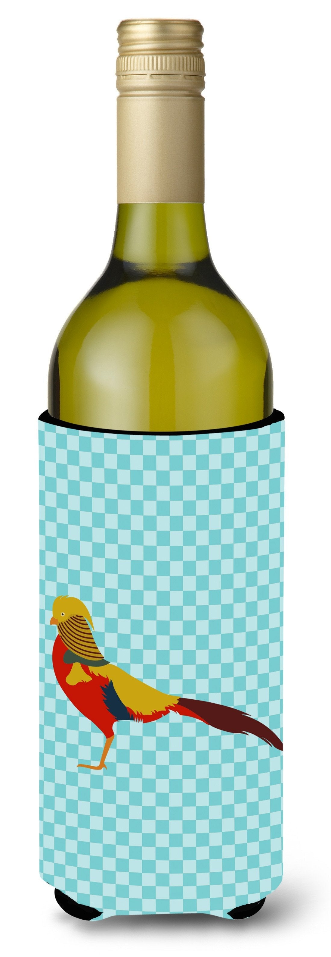 Golden or Chinese Pheasant Blue Check Wine Bottle Hugger Gift Sleeve for Standard 750 ml Bottles, Insulated Reusable Also Fits Mini Shot & Pint Bottles