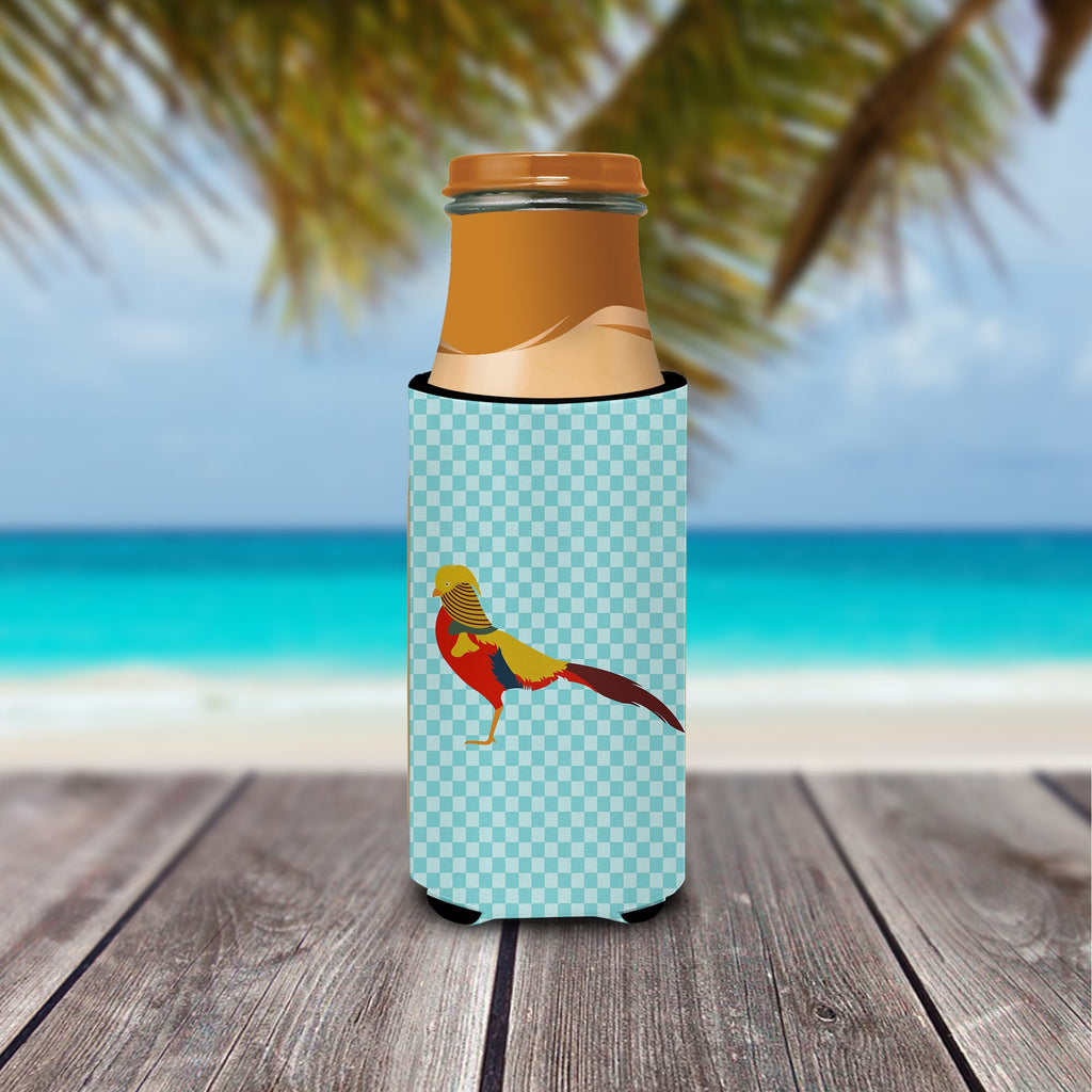 Golden or Chinese Pheasant Blue Check Slim Can Hugger , Insulated Foam Hugger for 12 oz Slim Cans, Beer Bottles & Water Bottles, Printed in USA