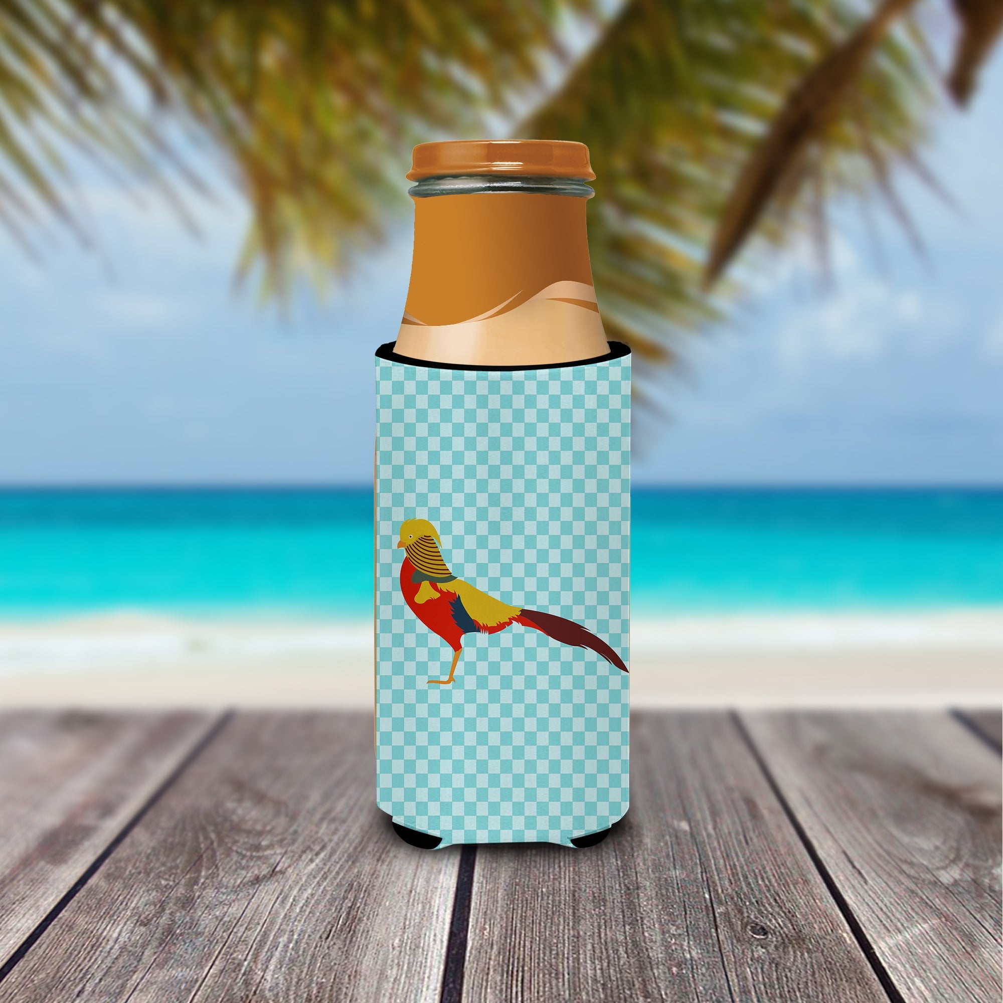 Golden or Chinese Pheasant Blue Check Slim Can Hugger , Insulated Foam Hugger for 12 oz Slim Cans, Beer Bottles & Water Bottles, Printed in USA
