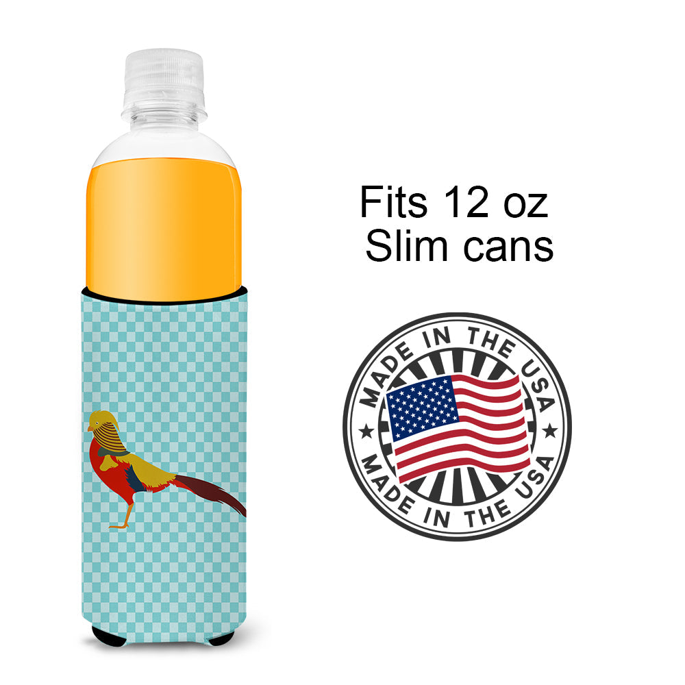 Golden or Chinese Pheasant Blue Check Slim Can Hugger , Insulated Foam Hugger for 12 oz Slim Cans, Beer Bottles & Water Bottles, Printed in USA